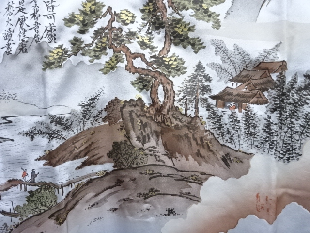 JAPANESE KIMONO / ANTIQUE MENS JUBAN / SILK / SCENERY OF HOUSES